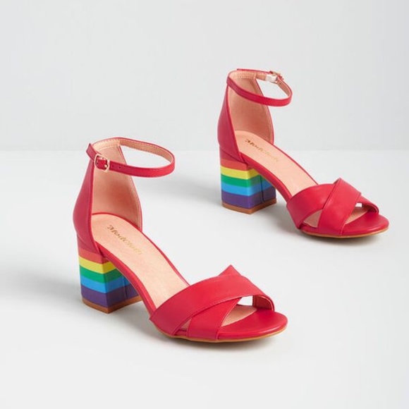Modcloth Meeting Rainbow Red Ankle Strap Block Heel Sandals - Picture 1 of 6